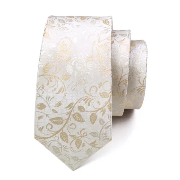 Stylish men's tie with geometric pattern-Classy Men White Gold Floral Silk Tie