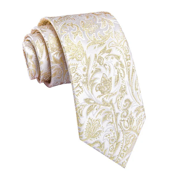 Trendy men's tie for weddings-Classy Men White Gold Metallic Floral Silk Tie