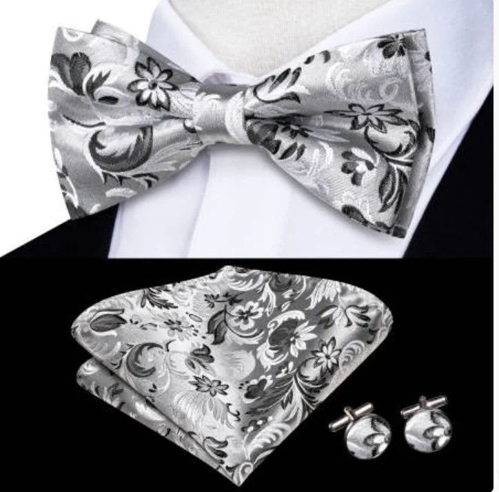 Best men's tie for gala events-White Grey Floral Silk Pre-tied Bow Tie Hanky Cufflinks Set-LH-2522