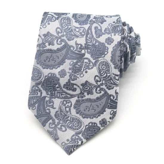 Best tie for men's holiday parties-Classy Men White Grey Silver Paisley Silk Tie