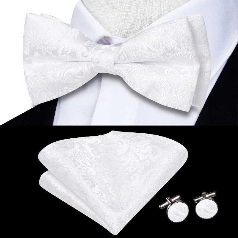 Men's tie for a smart casual look-White Paisley Silk Bowtie Pocket Square Cufflinks Set- LH-0581