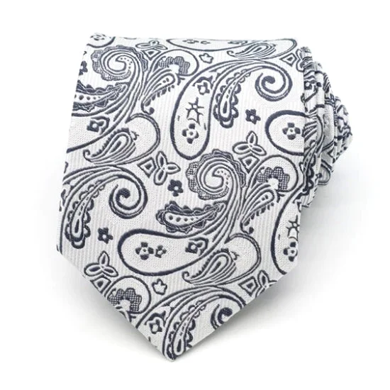 Men's tie with abstract patterns for work-Classy Men White Silver Paisley Silk Tie