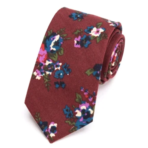 Men's tie with classic stripes-Classy Men Wine Red Floral Skinny Cotton Tie