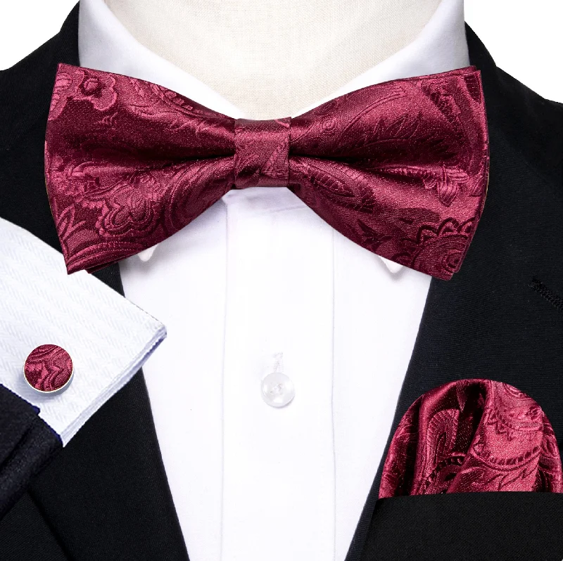 Men's tie with solid color blocks-WINE RED PAISLEY BOWTIE POCKET SQUARE CUFFLINKS SET-LH-0959