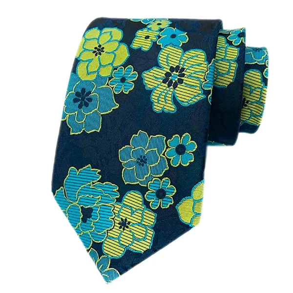 Men's tie with contrasting colors-Classy Men Yellow Blue Floral Silk Tie