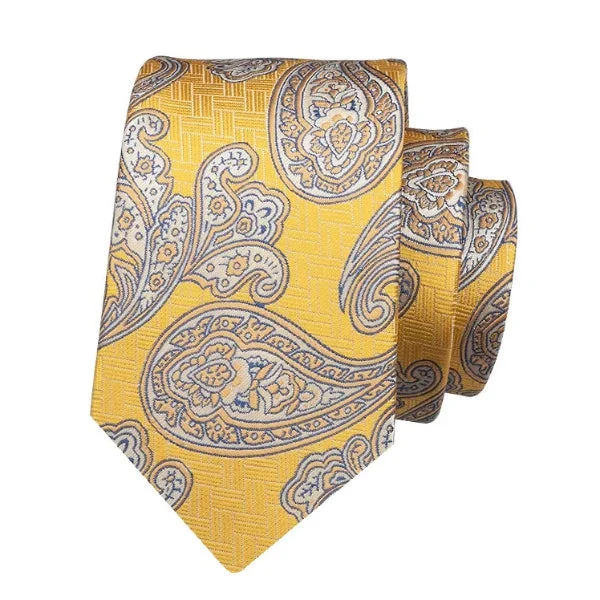 Casual men's tie for outdoor events-Classy Men Yellow White Paisley Silk Tie