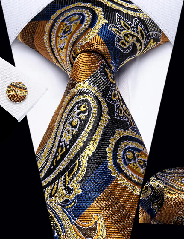 Designer tie for luxury business meetings-YourTies Black Blue Gold NecktIe Men's Paisley Tie Hanky Cufflinks Set