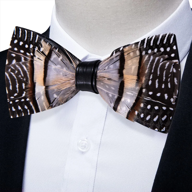 Men's silk tie for upscale dinners-YourTies Black Brown White Novelty Pattern Mens Pre-tied Bowtie Feather Bow Ties