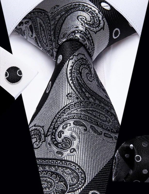 Classic men's silk tie with subtle design-YourTies Black Dark Grey Wedding TIe Polka Dot Tie Hanky Cufflinks Set