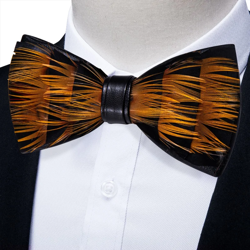 Best men's tie for formal dinners-YourTies Black Gold Novelty Pattern Mens Pre-tied Bowtie Feather Bow Ties