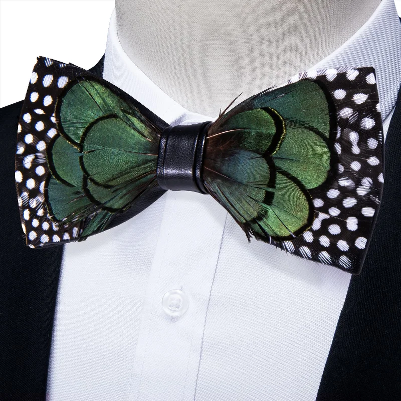 Unique men's tie with polka dots-YourTies Black Green White Novelty Pattern Mens Pre-tied Bowtie Feather Bow Ties