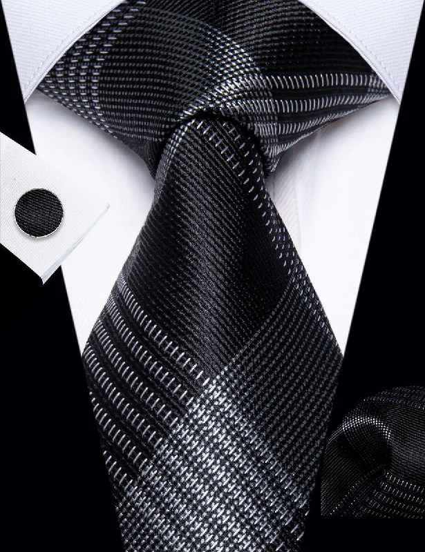 Men's tie with a luxurious smooth feel-YourTies Black Men's Tie Light Grey Checkered Tie Hanky Cufflinks Set