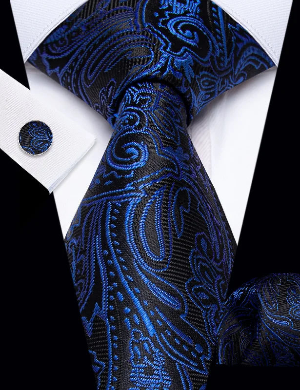 Men's tie with polka dots for formal wear-YourTies Black Necktie Dark Blue Jacquard Necktie Hanky Cufflinks Set