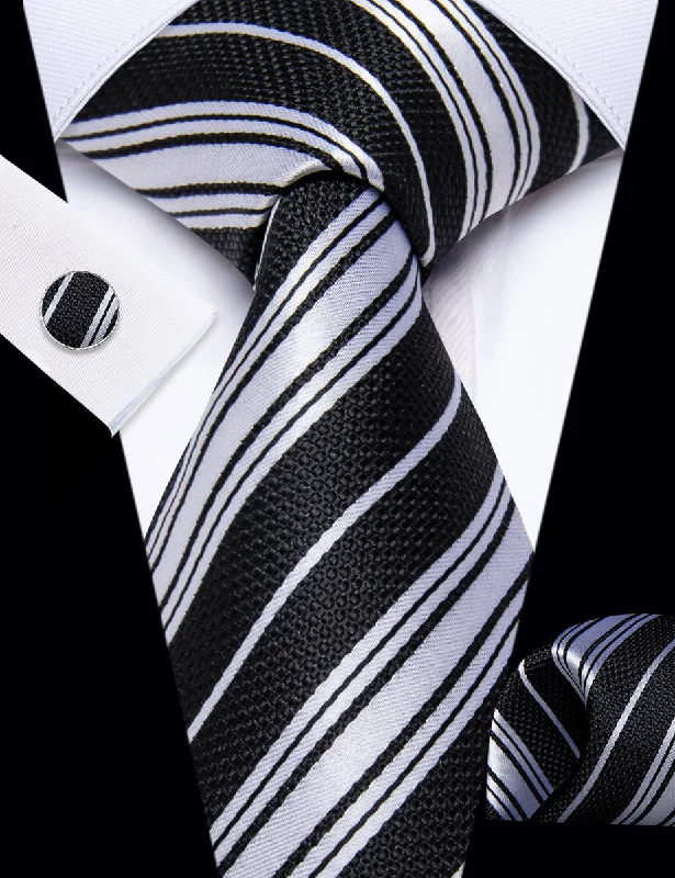 Men's silk tie for black tie occasions-YourTies Black Necktie Silver Grey Stripes Men's Tie Pocket Square Set