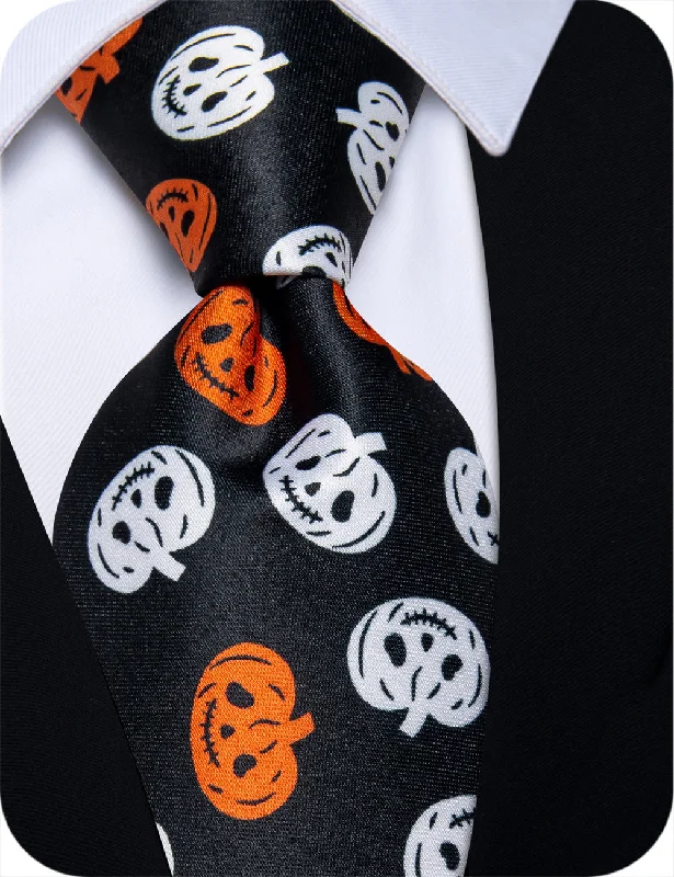 Men's tie for a stylish office outfit-YourTies  Black Orange Pumpkin Halloween Necktie Hanky Cufflinks Set