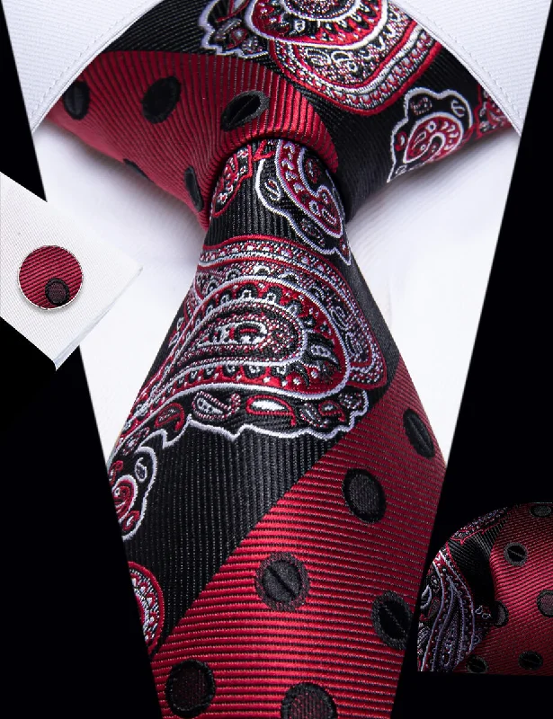 Best men's tie for family celebrations-YourTies Black Red Silver Novelty TIe Polka Dot Tie Hanky Cufflink Set