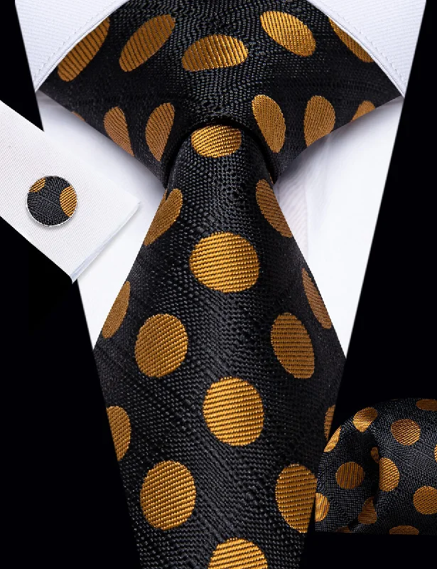 Men's tie with upscale texture for office wear-YourTies Black Tie Gold Dots Men's Necktie Pocket Square Cufflinks Set