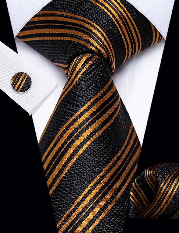 Men's tie for spring wedding attire-YourTies Black Tie Gold Stripes Men's Wedding Tie Hanky Cufflinks Set