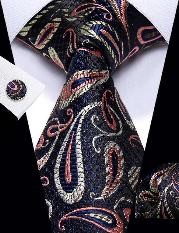 Men's tie for high-end business events-YourTies Black Tie Pink Jacquard Paisley Necktie Hanky Cufflinks Set