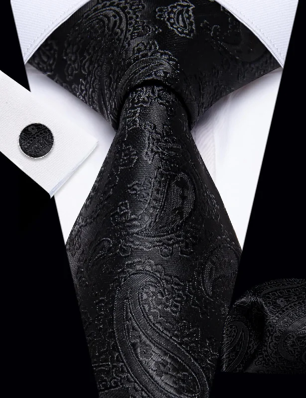 Stylish patterned tie for casual office wear-YourTies Black Ties Paisley Jacquard Wedding Tie Hanky Cufflinks Set