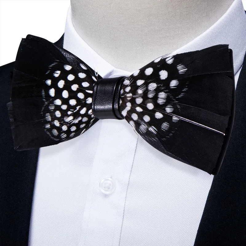 Stylish men's tie with modern touch-YourTies Black White Novelty Pattern Mens Pre-tied Bowtie Feather Bow Ties