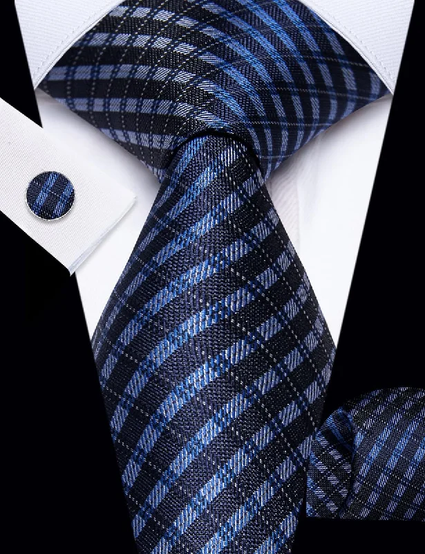 Unique men's tie for luxury events-YourTies Blue Black Checkered Tie Men Silk Necktie Hanky Cufflinks Set