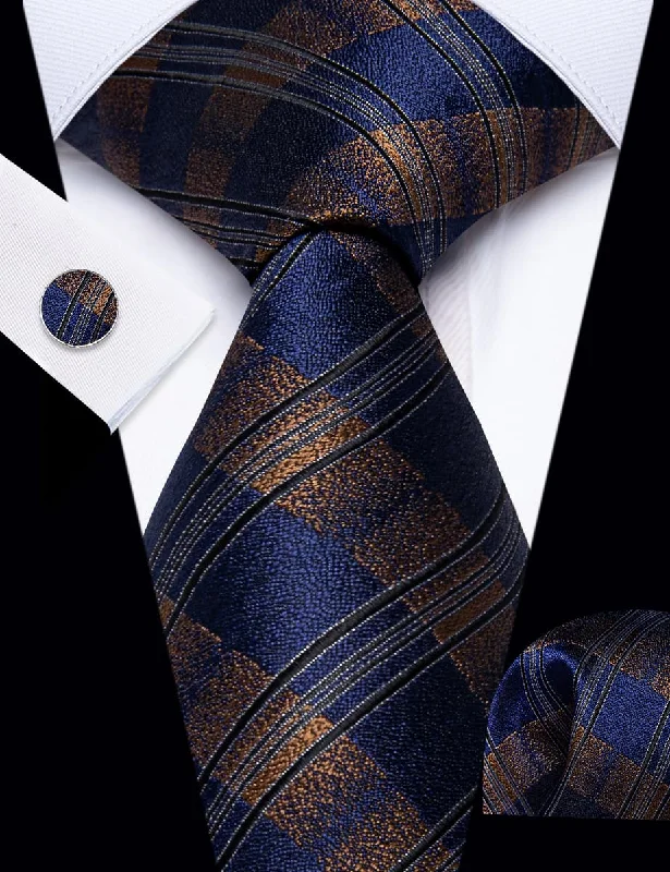 Men's tie for classic professional look-YourTies Blue Brown Plaid Ties Black Stripes Tie Hanky Cufflinks Set