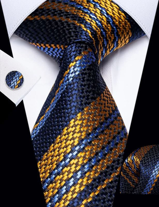 Men's tie with subtle checkered design-YourTies Blue Gold Tie Sky Blue Stripes Necktie Hanky Cufflinks Set