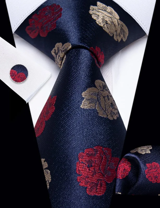 Men's tie for corporate gatherings-YourTies Blue Necktie Red Brown Roses Floral Tie Hanky Cufflinks Set