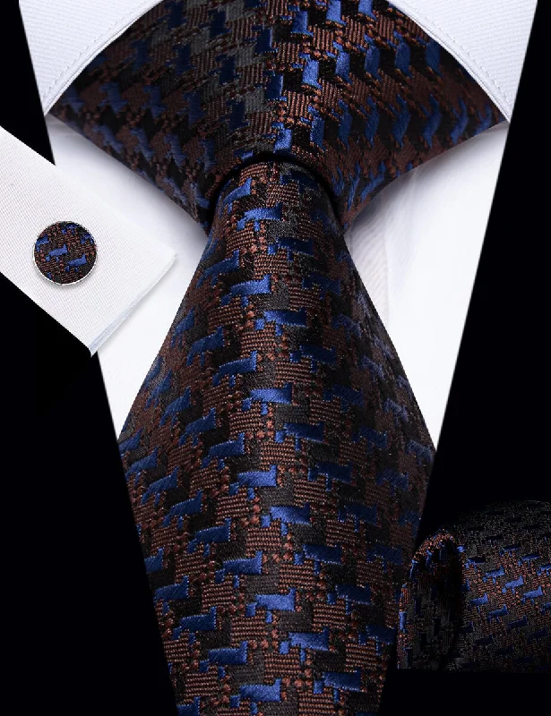 Best silk tie for job interviews-YourTies Brown Tie Dark Blue Novelty Jacquard Tie Hanky Cufflinks Set