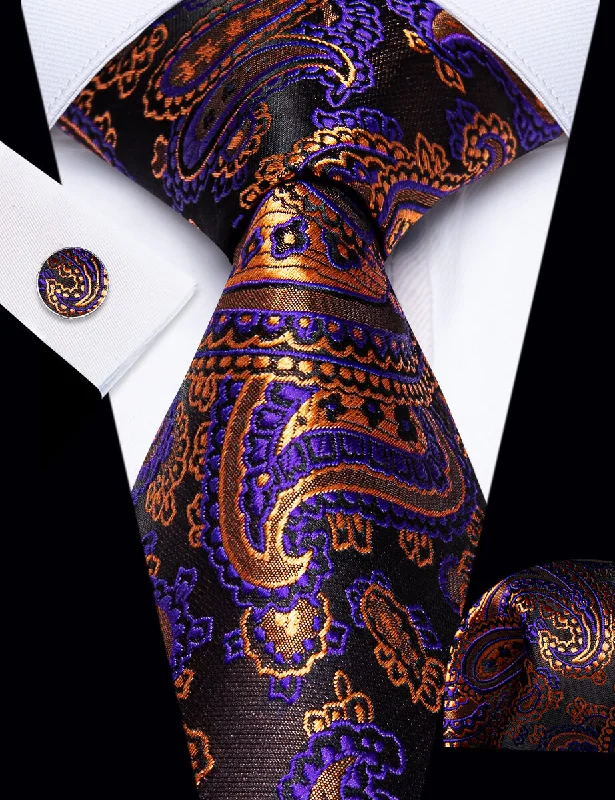 Stylish tie with vibrant color palette-YourTies Brown Tie Orange Purple Paisley Men's Tie Hanky Cufflinks Set