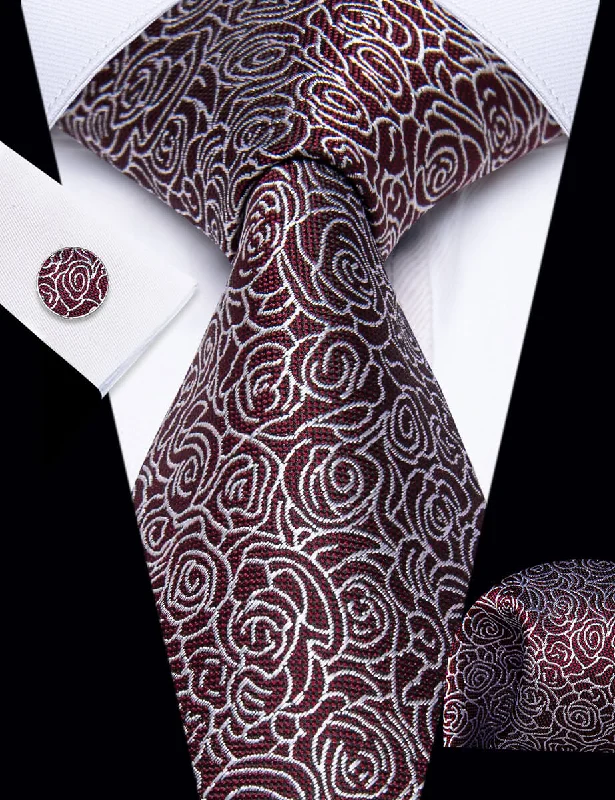 Men's tie with geometric shapes for parties-YourTies Burgundy Necktie White Roses Floral Tie Hanky Cufflinks Set