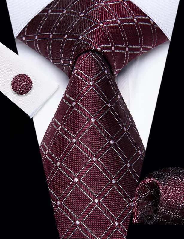 Classic men's silk tie with subtle design-YourTies Burgundy Red Tie White Lines Plaid Jacquard Mens Necktie Set