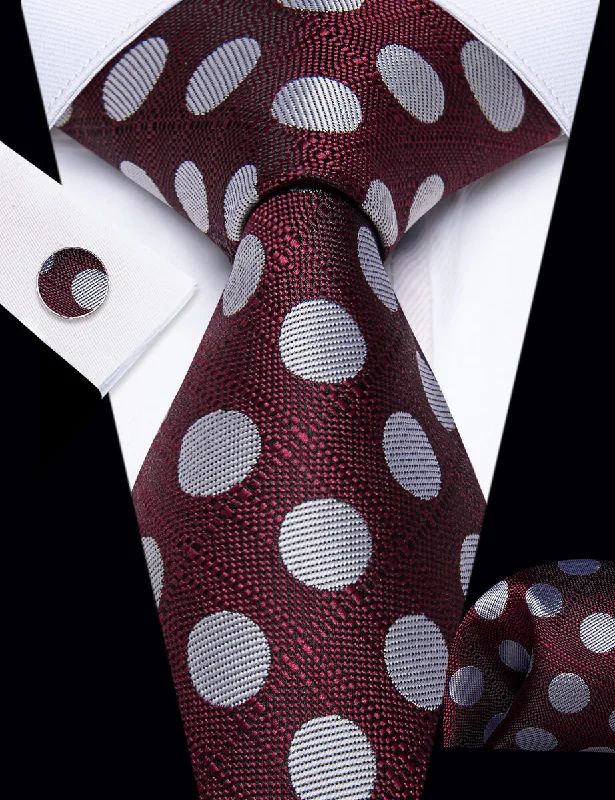 Men's tie with modern abstract print-YourTies Burgundy Tie Silver Dots Mens Tie Pocket Square Cufflinks Set