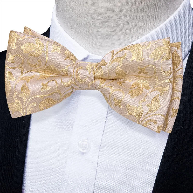 Affordable tie for business professionals-YourTies Champagne Floral Silk Mens Pre-tied Bowtie