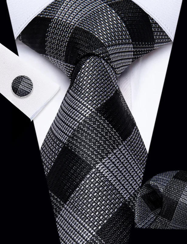 Men's tie with modern color schemes-YourTies Checkered Necktie Black Gray Plaid Tie Hanky Cufflinks Set