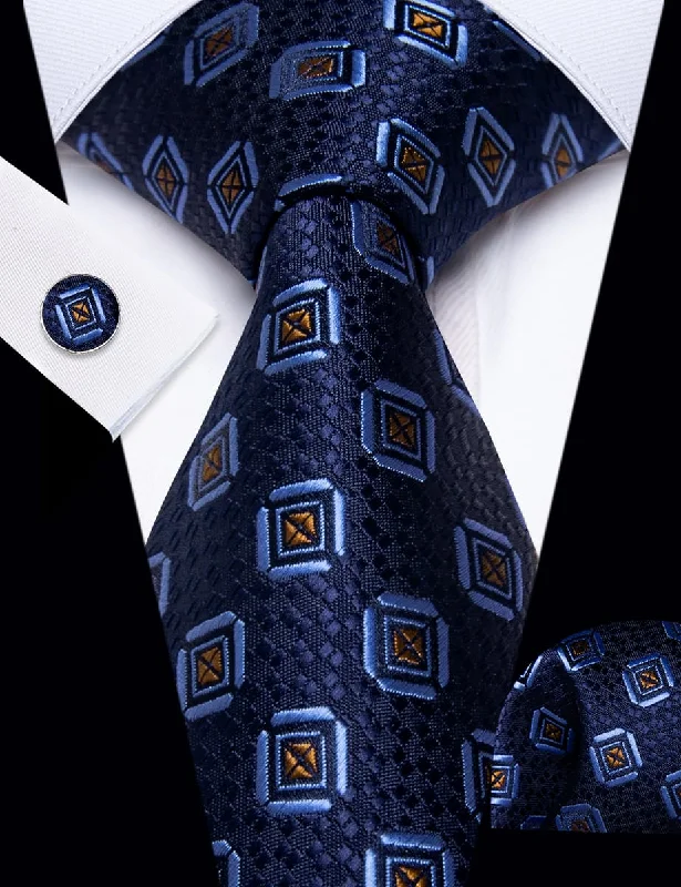 Trendy men's tie for weddings-YourTies Dark Blue Necktie Gold Geometric Mens Tie Hanky Cufflinks Set