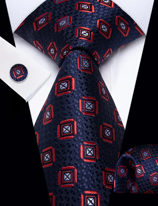 Men's tie with modern chevron design-YourTies Dark Blue Necktie Red Geometric Mens Tie Hanky Cufflinks Set