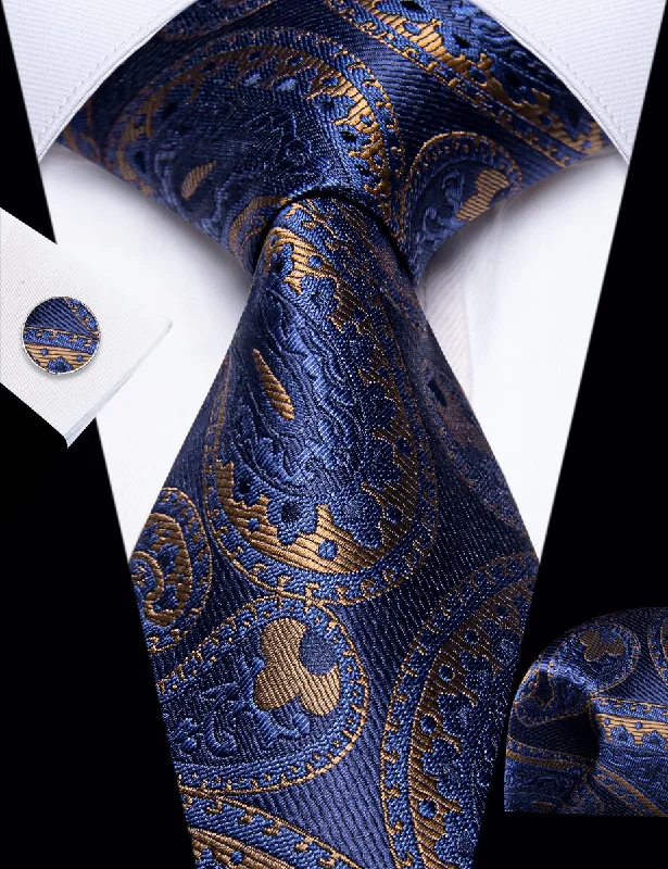 Men's tie for winter office wear-YourTies Dark Blue Tie Brown Jacquard Paisley Tie Hanky Cufflink Set