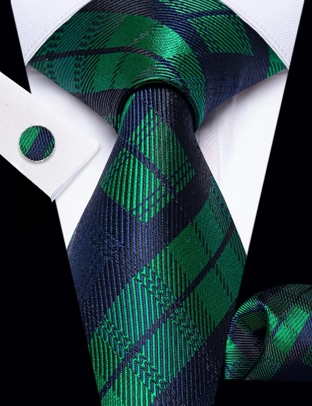 Classic men's tie for the holiday season-YourTies Dark Green Neck Tie Blue Checkered Tie Hanky Cufflinks Set