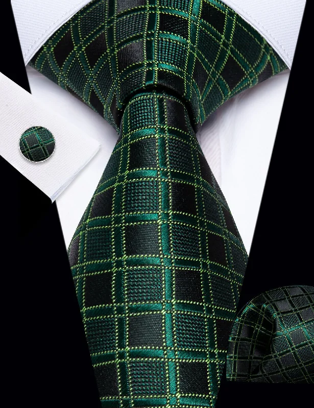 Men's silk tie with abstract design-YourTies Dark Green Tie Black Plaid Necktie Handkerchief Cufflinks Set