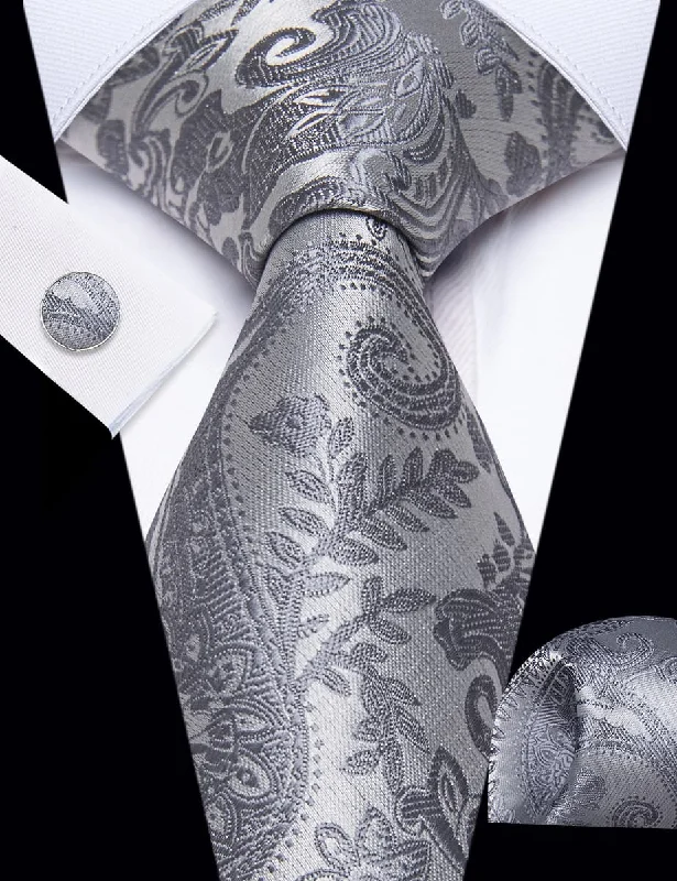 Men's tie for upscale business events-YourTies Dark Grey Tie Paisley Wedding Necktie Hanky Cufflinks Set