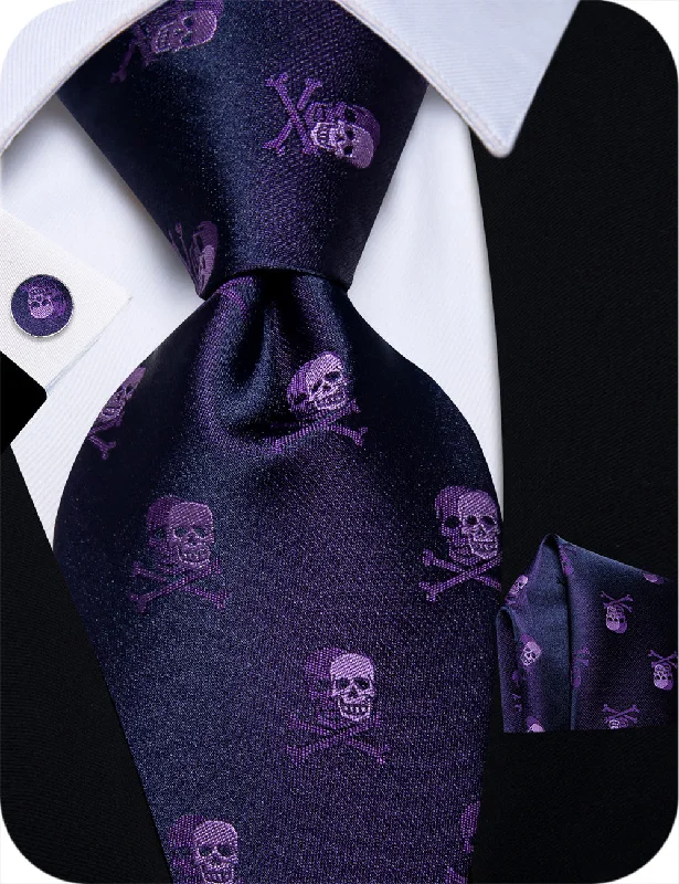 Men's tie with intricate embroidered design-YourTies Dark Purple Skull Halloween Necktie Hanky Cufflinks Set