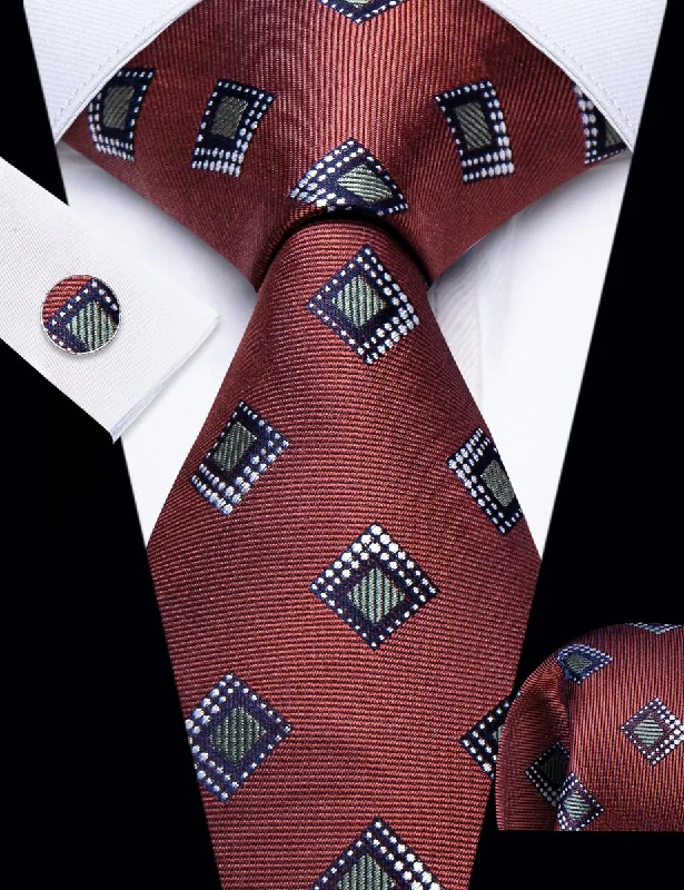 Men's tie for luxury weddings-YourTies Dark Red Grey Plaid Pattern Silk Mens Necktie Set