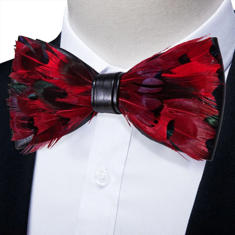 Men's tie with modern abstract print-YourTies Dark Red Novelty Mens Pre-tied Bowtie Feather Bow Ties