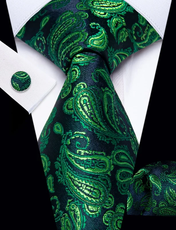 Men's tie with fine pinstripes-YourTies Deep Blue Green Jacquard Paisley Necktie Hanky Cufflinks Set