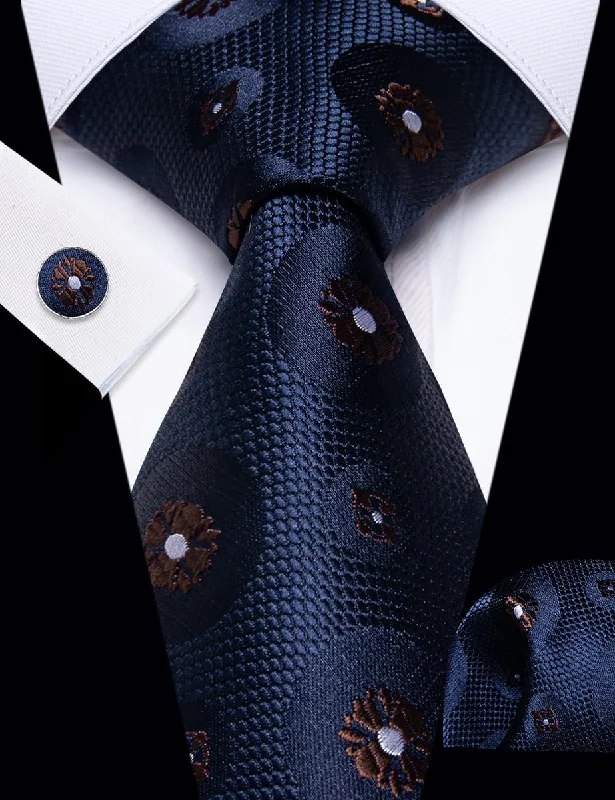 Classic men's tie for weddings-YourTies Deep Blue Neckties Brown Floral Mens Tie Hanky Cufflinks Set