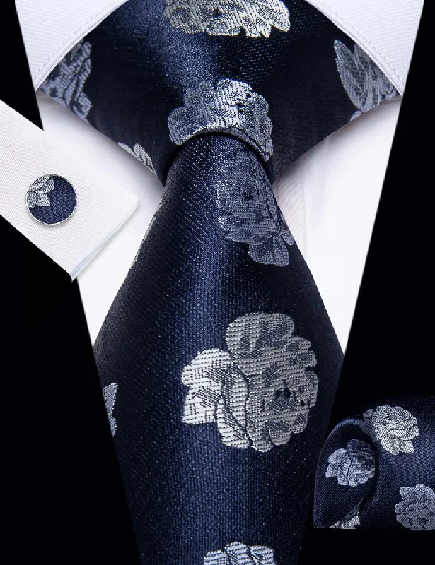 Men's tie for a garden party-YourTies Deep Blue Neckties Grey Roses Floral Tie Hanky Cufflinks Set