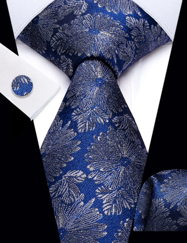 Men's tie with solid color blocks-YourTies Deep Blue Silver Floral Pattern Silk Mens Tie Hanky Cufflinks Set