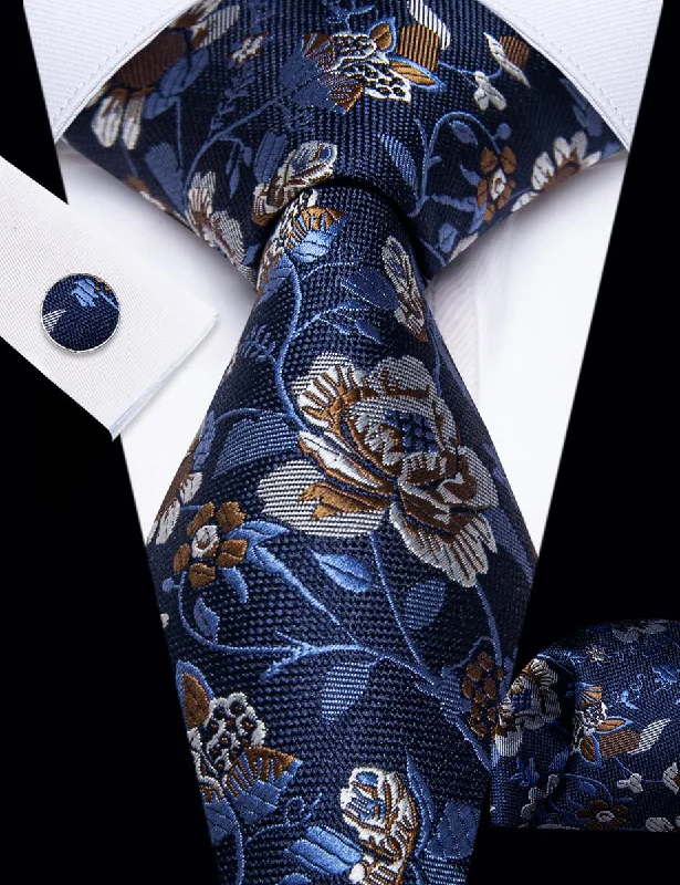 Men's silk tie for fashion-forward looks-YourTies Deep Blue Tie Brown Floral Men Necktie Hanky Cufflinks Set